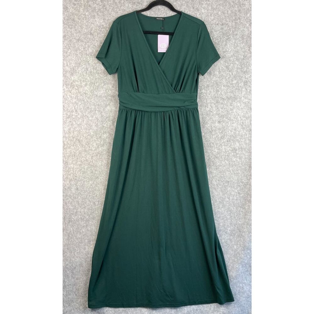 Gracyoga Maxi Dress Womens Large Green Faux Wrap V Neck Short Sleeve Stretch NWT